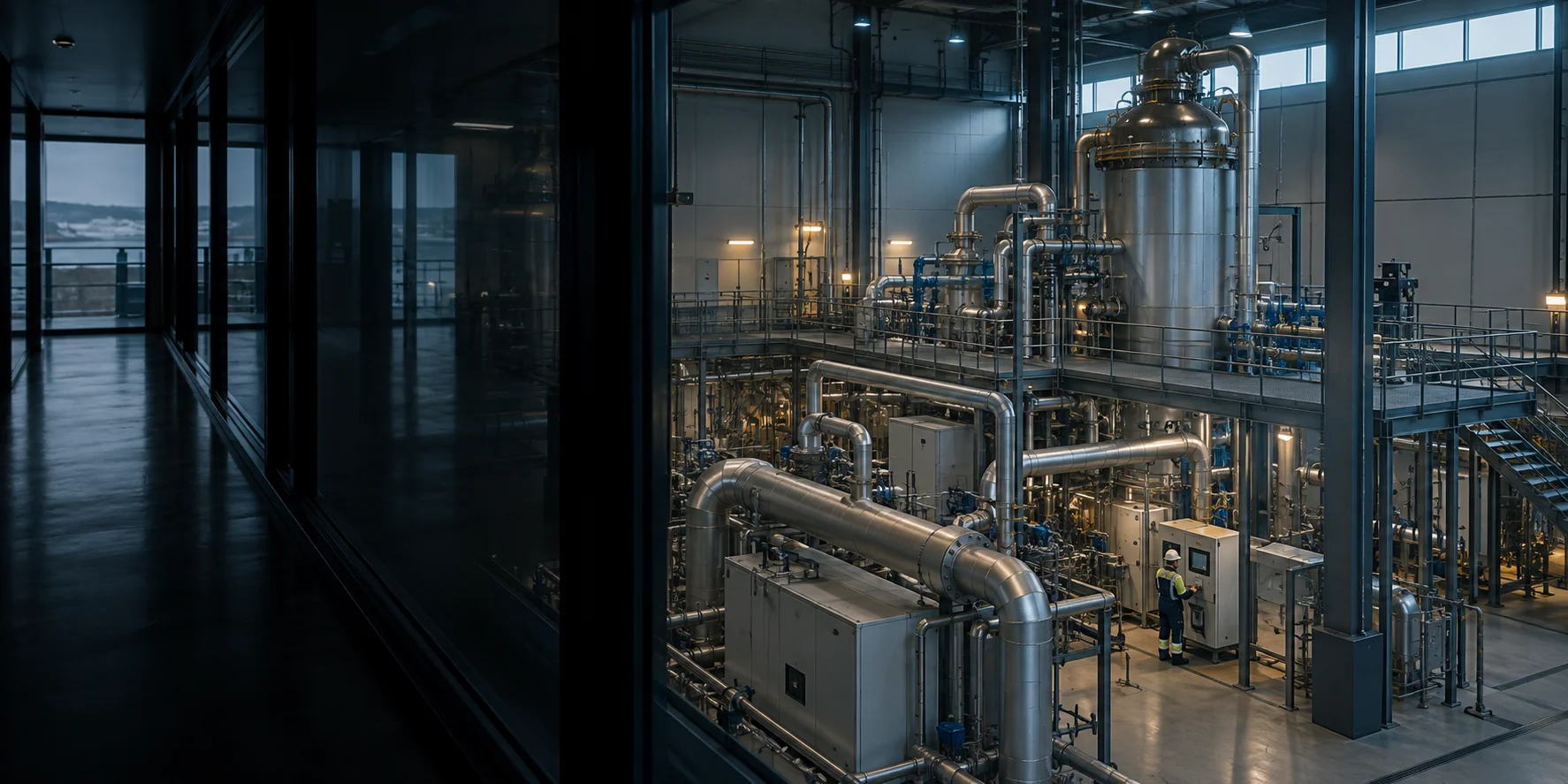 An industrial thermal-process pilot hall viewed through a glass passage.