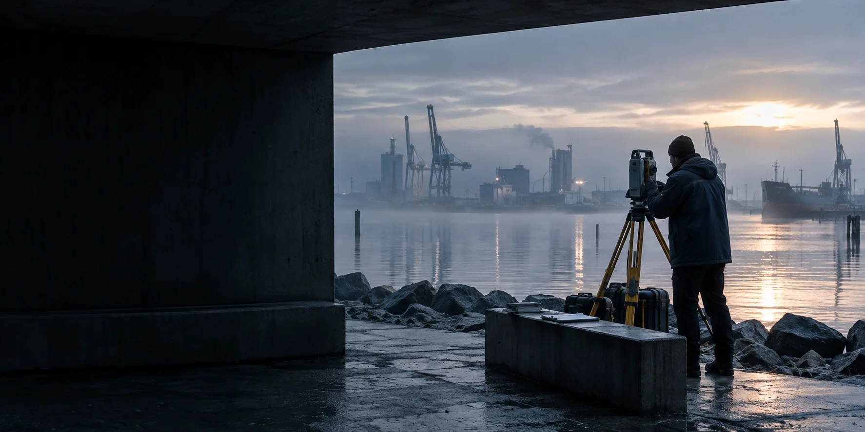 A surveyor using a tripod-mounted instrument at an industrial harbour.