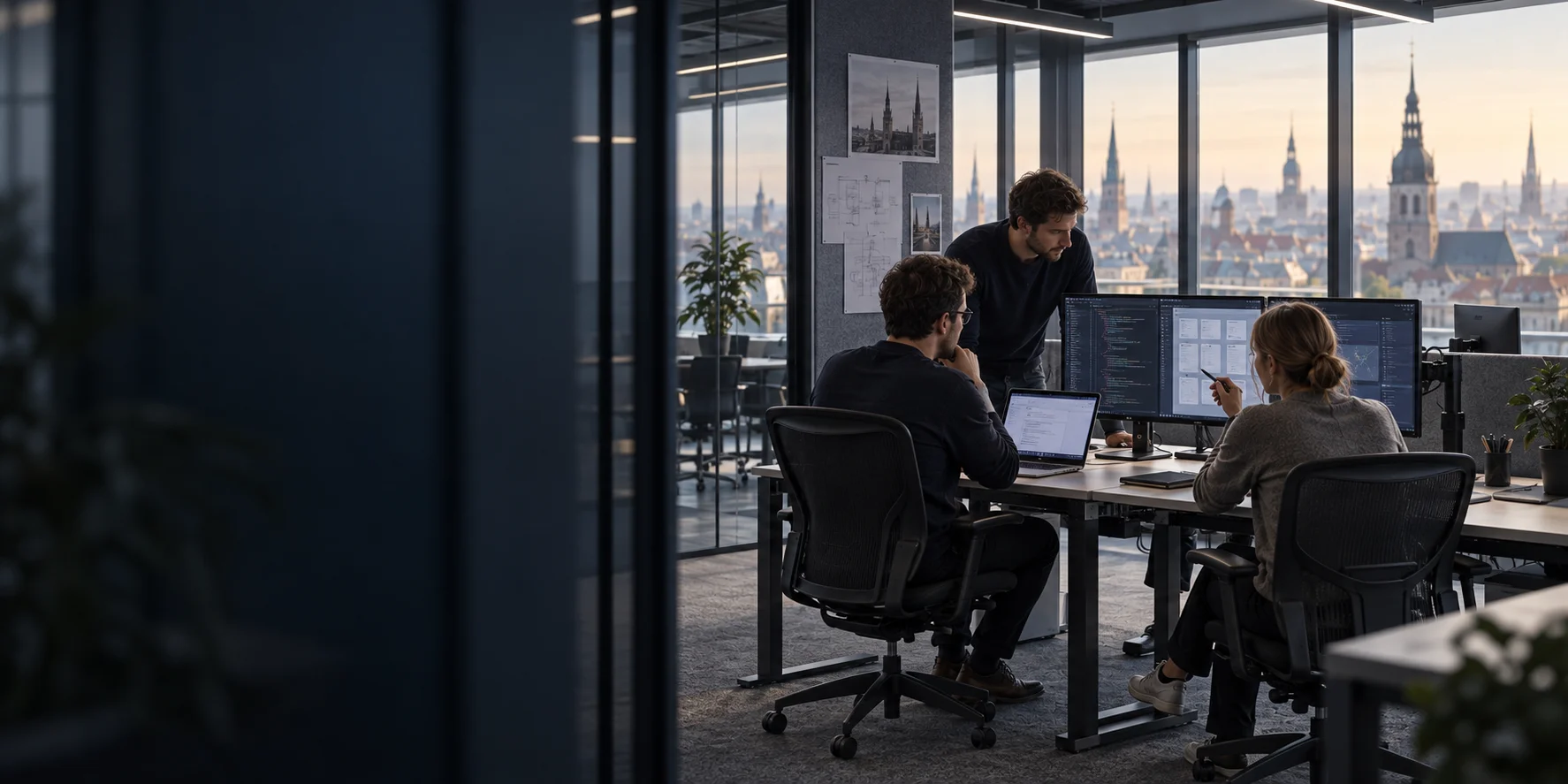 Three colleagues reviewing software at professional workstations overlooking a Baltic city skyline.