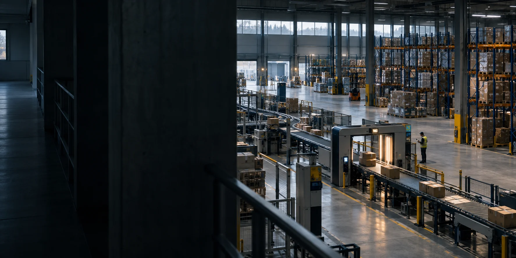 Conveyors and a parcel inspection gate in a logistics warehouse.